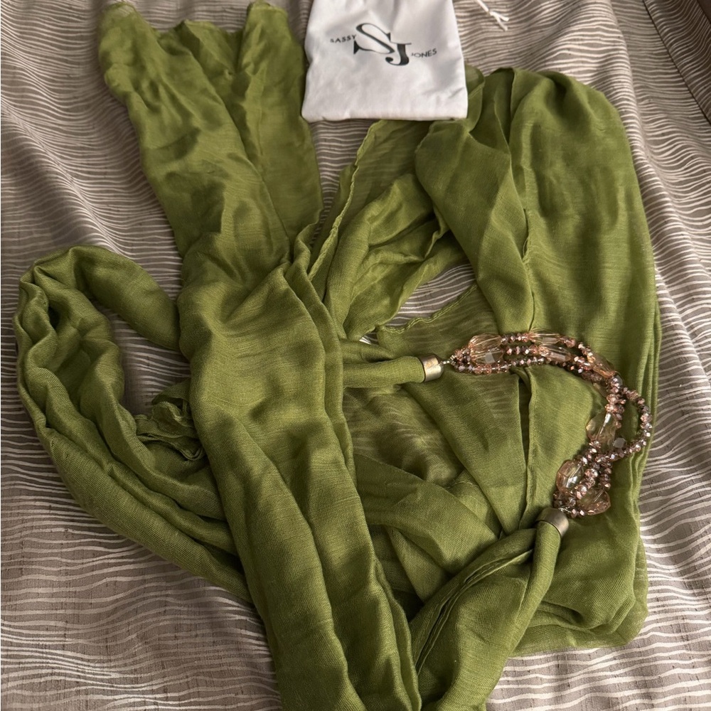 Sassy Jones Elegant Green Scarf/Head Wrap with Gold Tone Beaded Accents